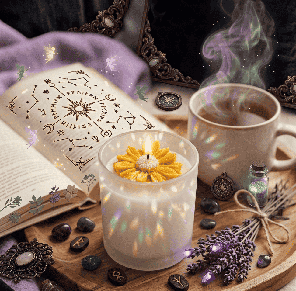 Vela encendida en una bandeja de madera con lavanda seca, té y un libro