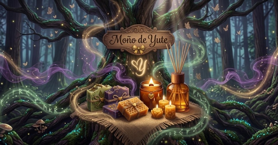 Composición mágica de productos Moño de Yute en un bosque encantado